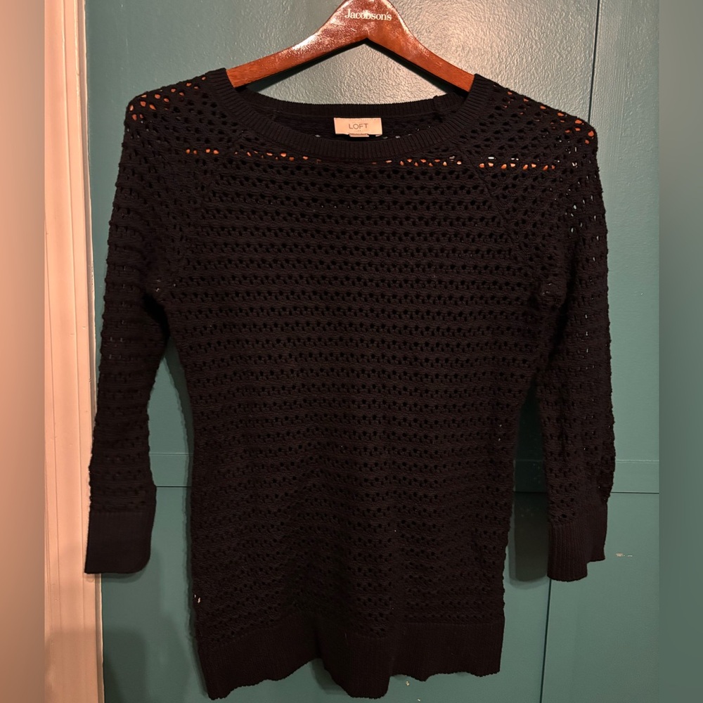 LOFT Women's Navy Crochet 3/4 Sleeve Sweater 100% Cotton Size Small